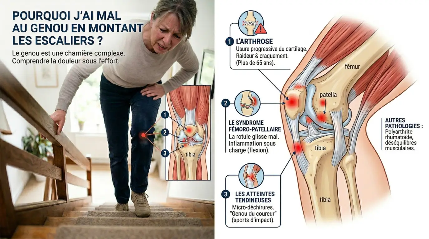 Infographie médicale divisée en deux parties. À gauche, une femme âgée souffre du genou en montant des escaliers. À droite, un schéma anatomique détaillé du genou avec des légendes en français expliquant l'arthrose, le syndrome fémoro-patellaire et les tendinites comme causes de la douleur.